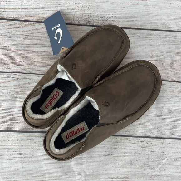 OluKai Moloā Mens Sz 8 Slippers Dark Wood Brown Leather Nubuck Shearling Lining main image 5